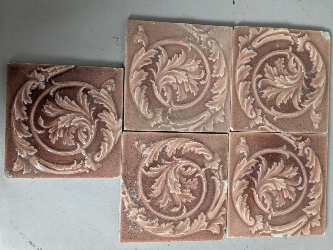 Set of 6 Antique Victorian Art Nouveau Acanthus Leaf Relief Tiles for Restoration: **Important** Please read below description on how to avoid high shipping costs. This exquisite set of six antique Victorian/Art Nouveau tiles features a beautiful acanthus leaf relief design,