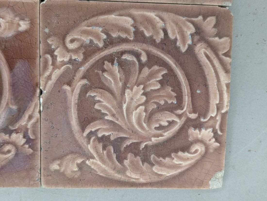 Set of 6 Antique Victorian Art Nouveau Acanthus Leaf Relief Tiles for Restoration - 2