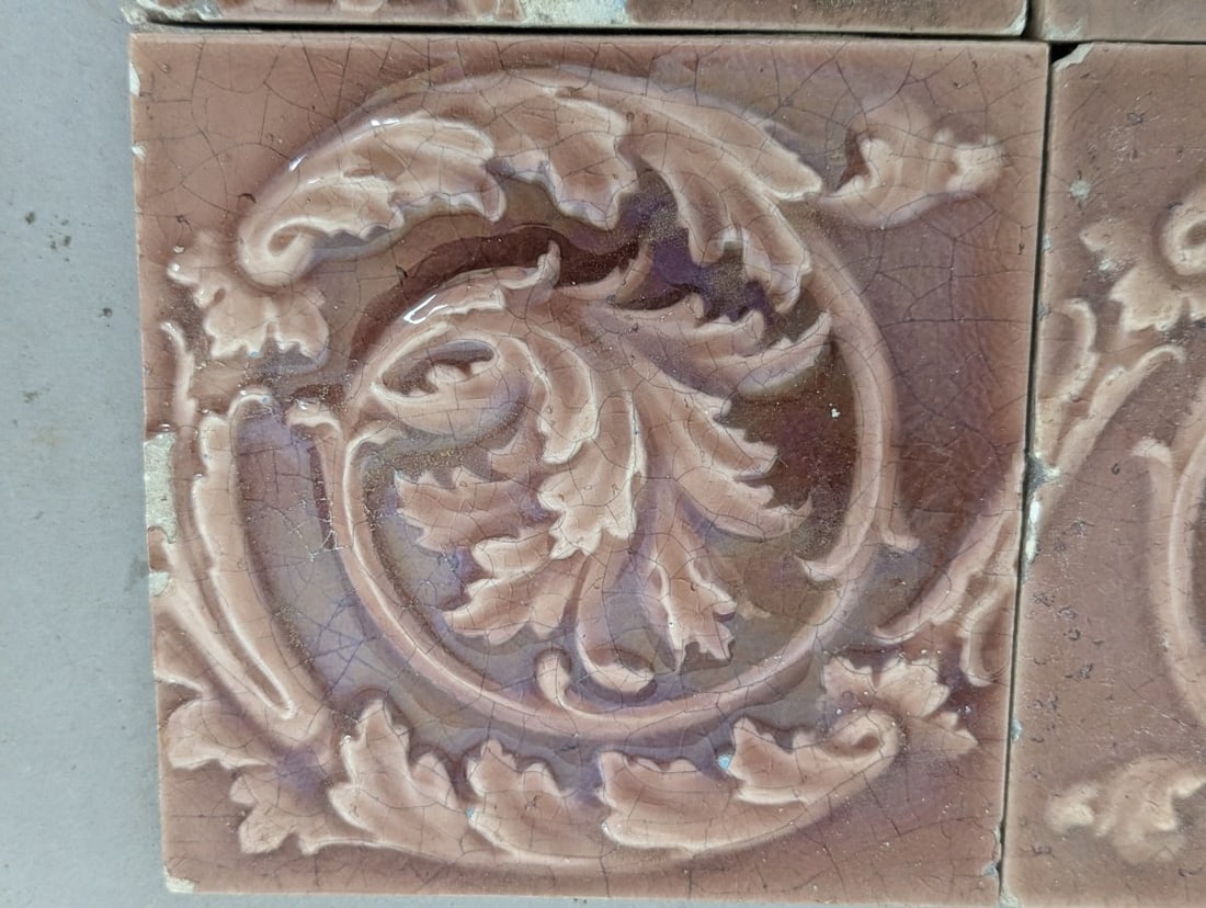 Set of 6 Antique Victorian Art Nouveau Acanthus Leaf Relief Tiles for Restoration - 3