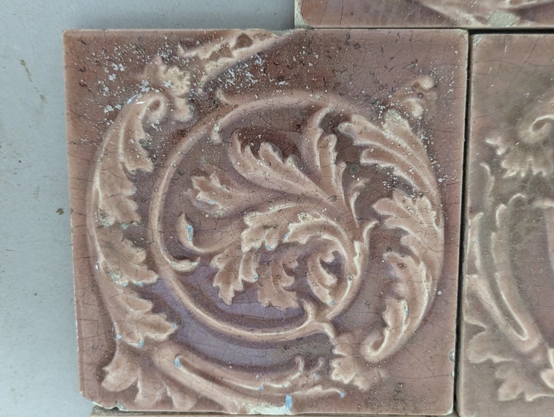 Set of 6 Antique Victorian Art Nouveau Acanthus Leaf Relief Tiles for Restoration - 4