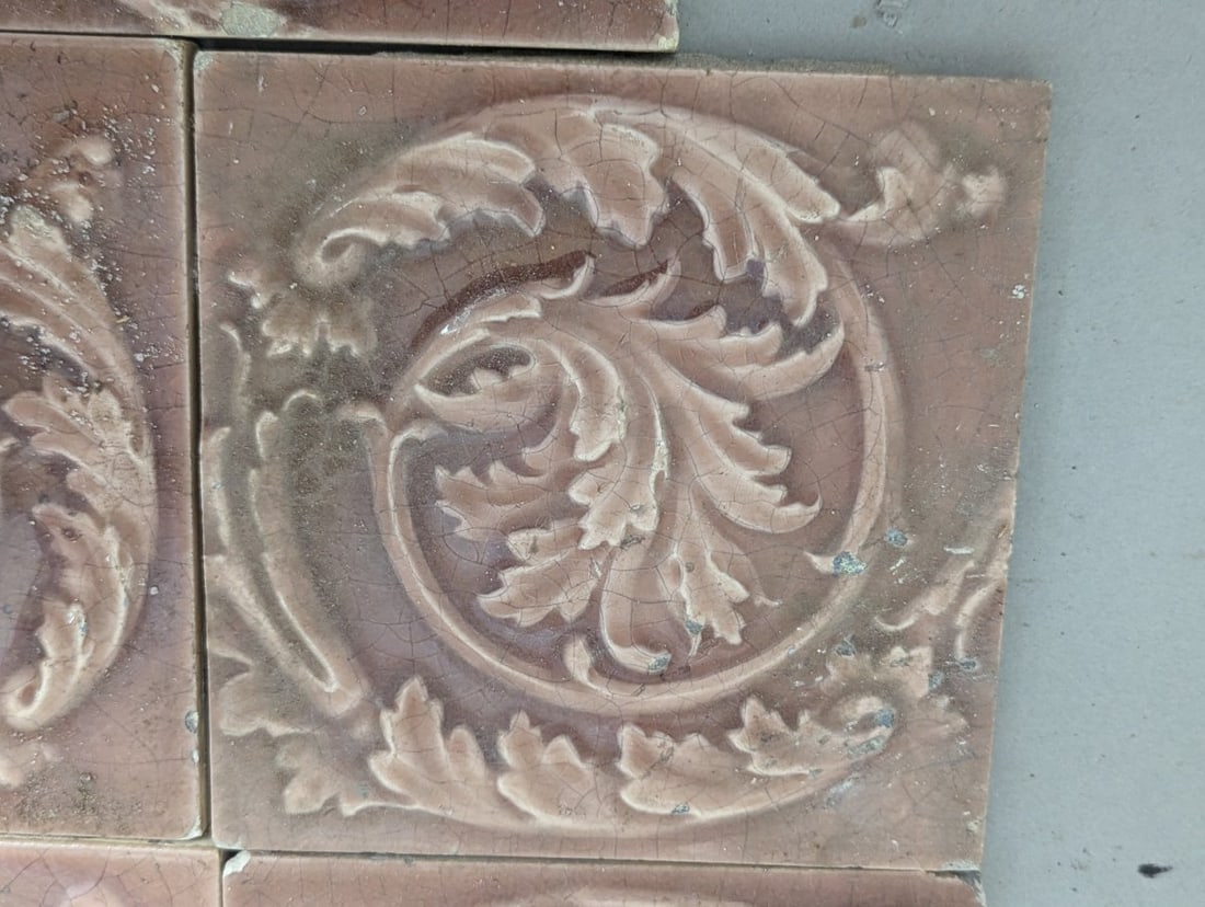 Set of 6 Antique Victorian Art Nouveau Acanthus Leaf Relief Tiles for Restoration - 5