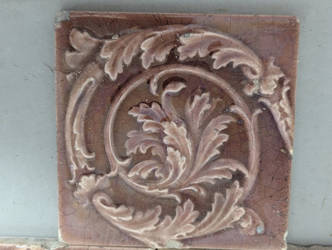 Set of 6 Antique Victorian Art Nouveau Acanthus Leaf Relief Tiles for Restoration - 6