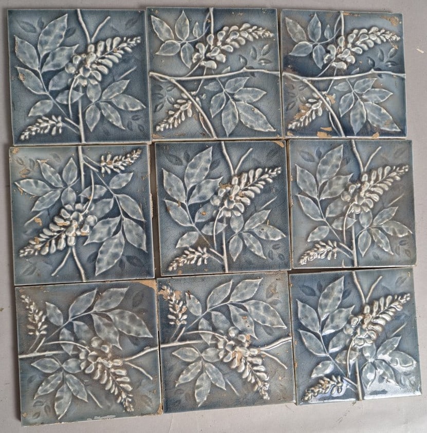 Set of AETCO Wisteria Tiles Antique Arts & Crafts Design Salvaged Set of 9: **Important** Please read below description on how to avoid high shipping costs. This exquisite set of nine antique Wisteria tiles from the American Encaustic Tiling Co. (AETCO) showcases a classic
