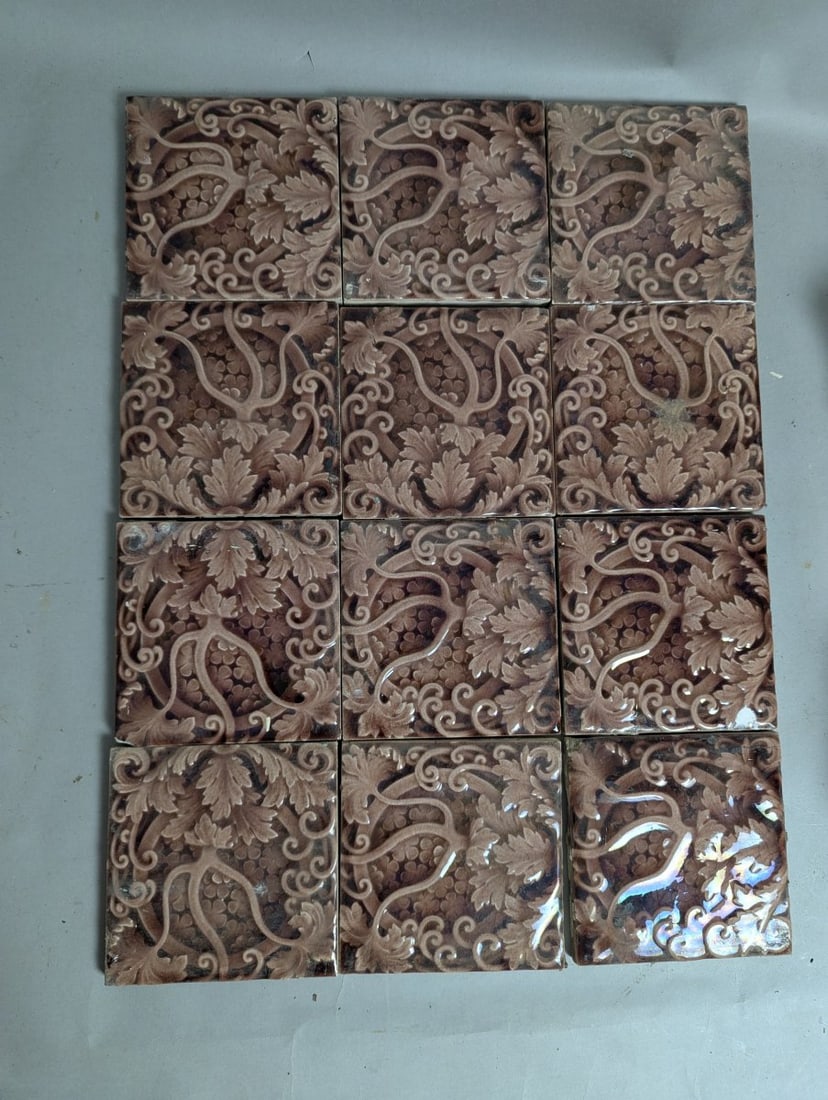 Set of 12 Antique Trent Tile Co. Grapevine Majolica Tiles Arts & Crafts Design (1 of 9)