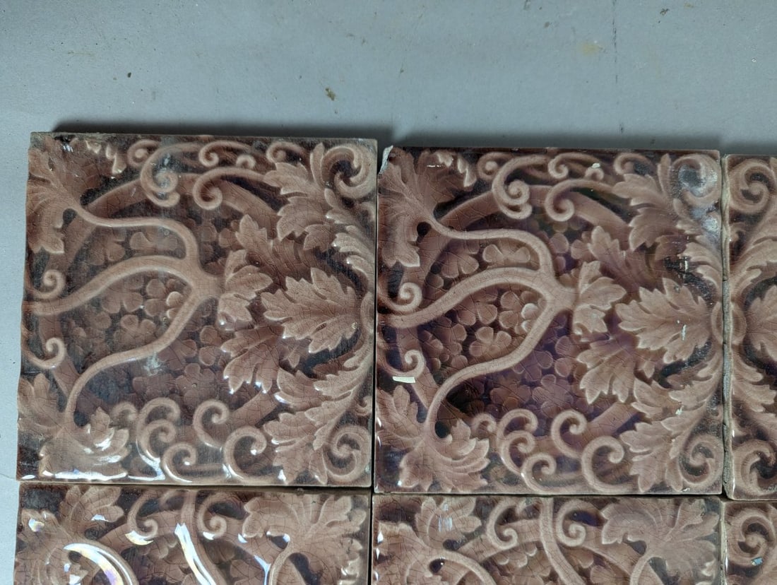 Set of 12 Antique Trent Tile Co. Grapevine Majolica Tiles Arts & Crafts Design - 2