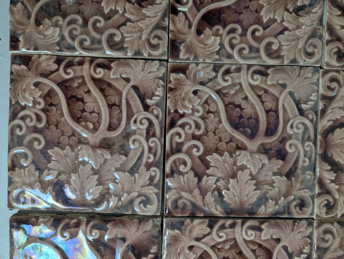 Set of 12 Antique Trent Tile Co. Grapevine Majolica Tiles Arts & Crafts Design - 3
