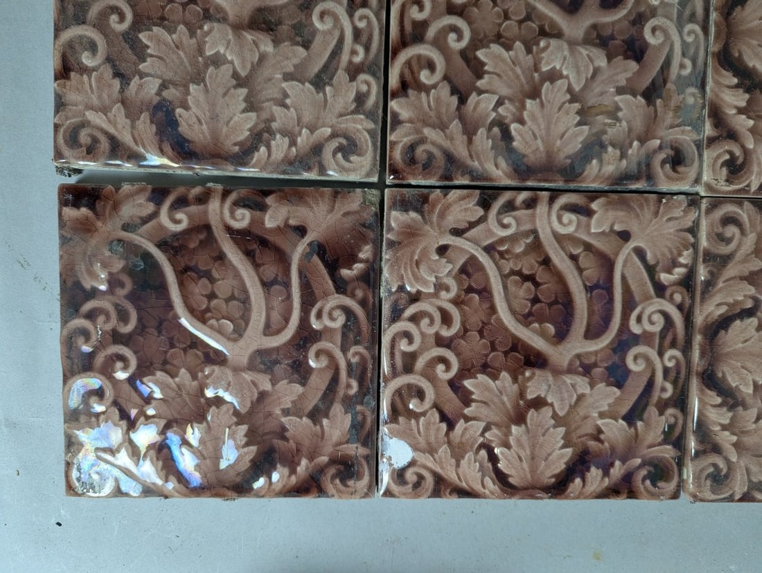 Set of 12 Antique Trent Tile Co. Grapevine Majolica Tiles Arts & Crafts Design - 4