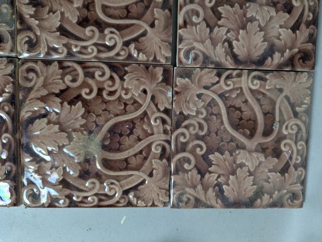 Set of 12 Antique Trent Tile Co. Grapevine Majolica Tiles Arts & Crafts Design - 5