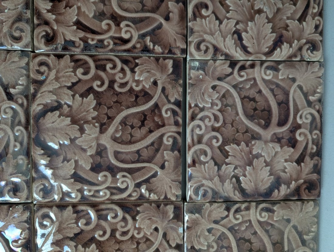Set of 12 Antique Trent Tile Co. Grapevine Majolica Tiles Arts & Crafts Design - 6
