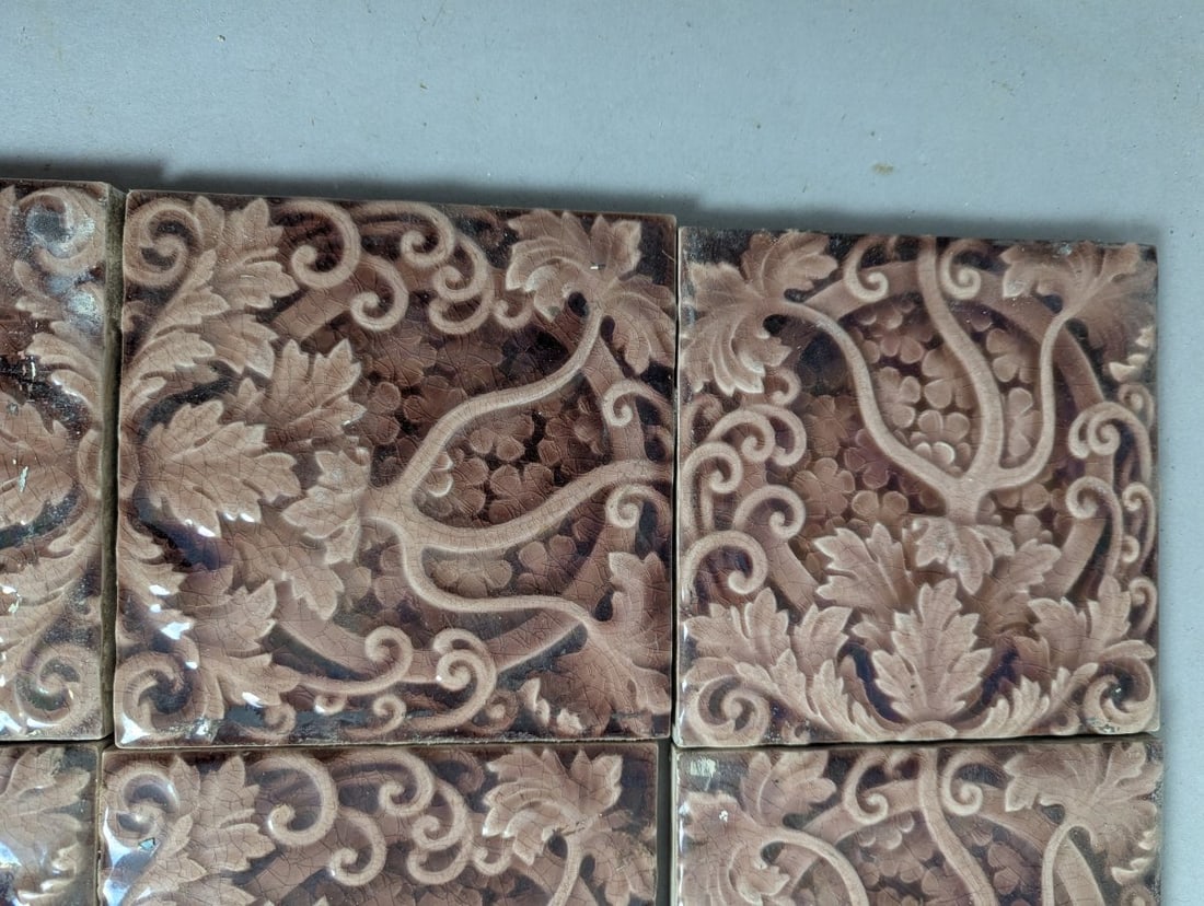 Set of 12 Antique Trent Tile Co. Grapevine Majolica Tiles Arts & Crafts Design - 7