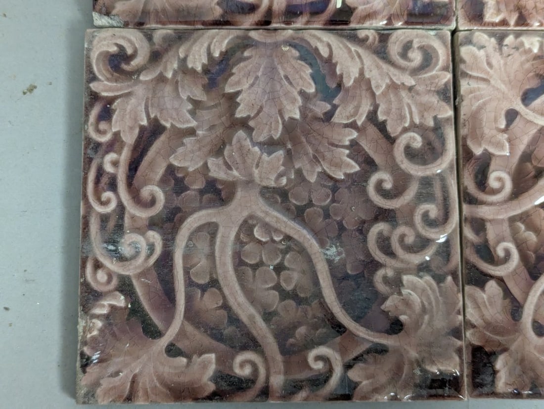 Set of 12 Antique Trent Tile Co. Grapevine Majolica Tiles Arts & Crafts Design - 8