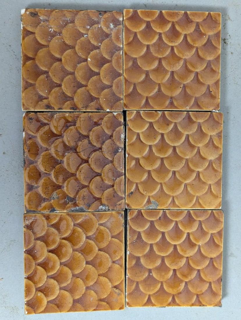Antique Trent Tile Co Fish Scale Tiles Set of 6 Architectural Decor Collectible: **Important** Please read below description on how to avoid high shipping costs. This set of six Antique Trent Tile Co. fish scale tiles showcases a beautiful amber-colored glaze with a classic