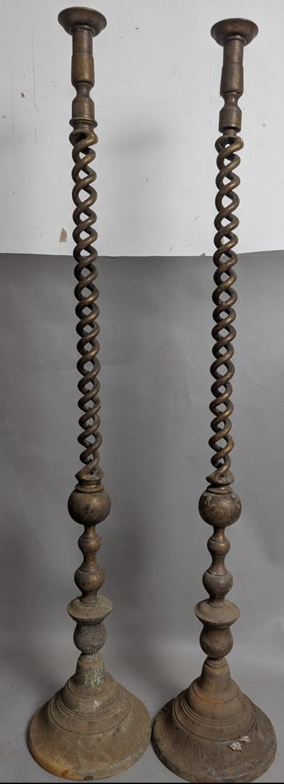 Stunning Pair of Large Brass Barley Twist Floor/Altar Candlesticks Decorative Home Accents: **Important** Please read below description on how to avoid high shipping costs. This magnificent pair of large brass barley twist floor candlesticks stands an impressive 48 inches high and has a 9-in