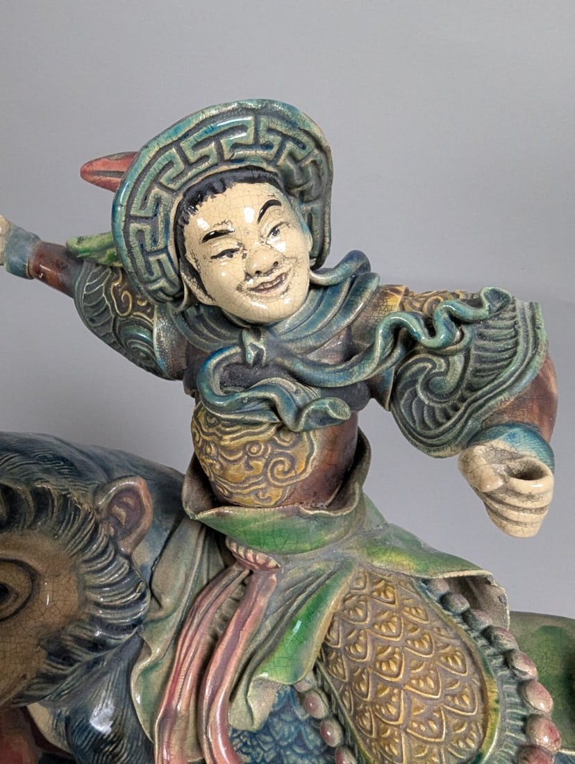 Chinese Sancai-Style Glazed Figural Sculpture Warrior on Monkey Xu Family Mark - 2