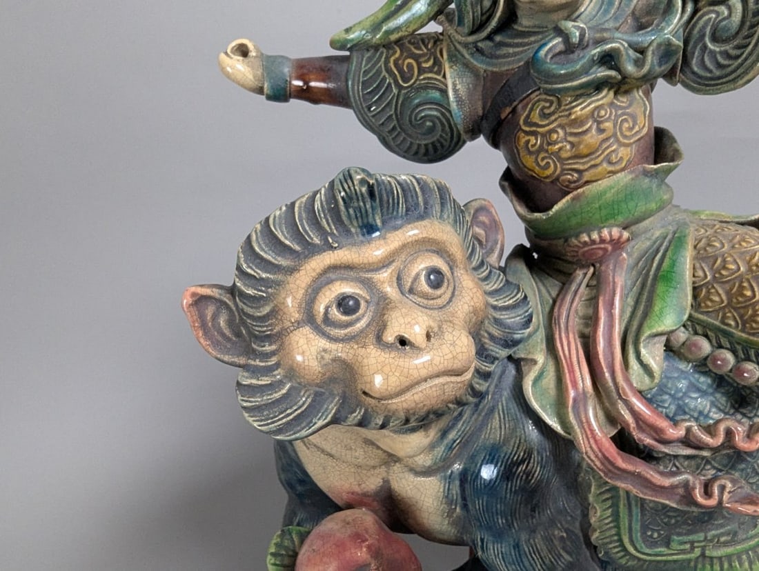 Chinese Sancai-Style Glazed Figural Sculpture Warrior on Monkey Xu Family Mark - 3