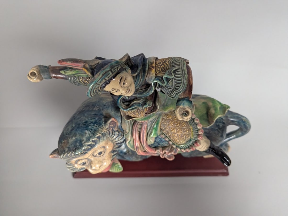 Chinese Sancai-Style Glazed Figural Sculpture Warrior on Monkey Xu Family Mark - 4