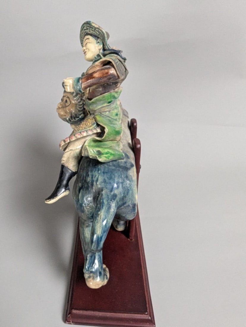 Chinese Sancai-Style Glazed Figural Sculpture Warrior on Monkey Xu Family Mark - 8