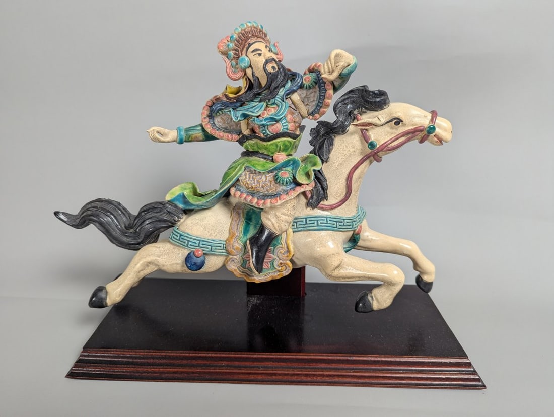 Chinese Sancai-Style Glazed Ceramic Warrior on Horseback Figurine Sculpture (1 of 8)
