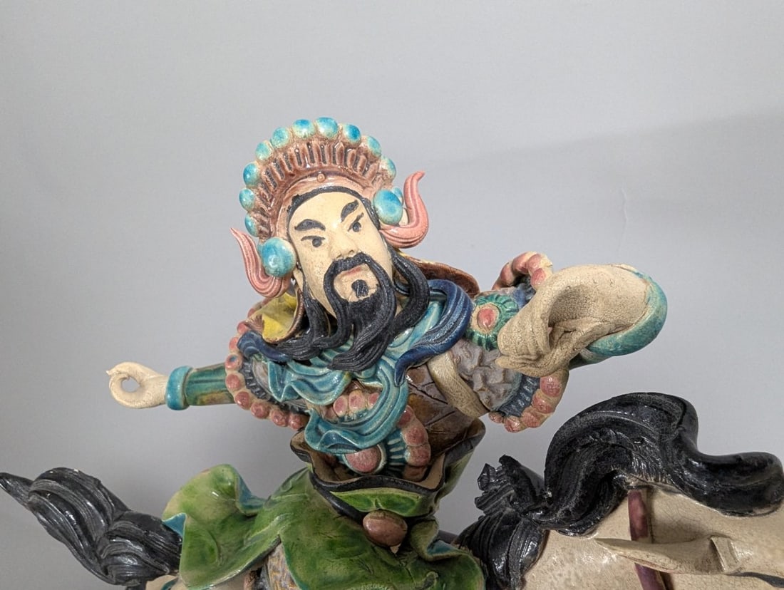 Chinese Sancai-Style Glazed Ceramic Warrior on Horseback Figurine Sculpture - 2