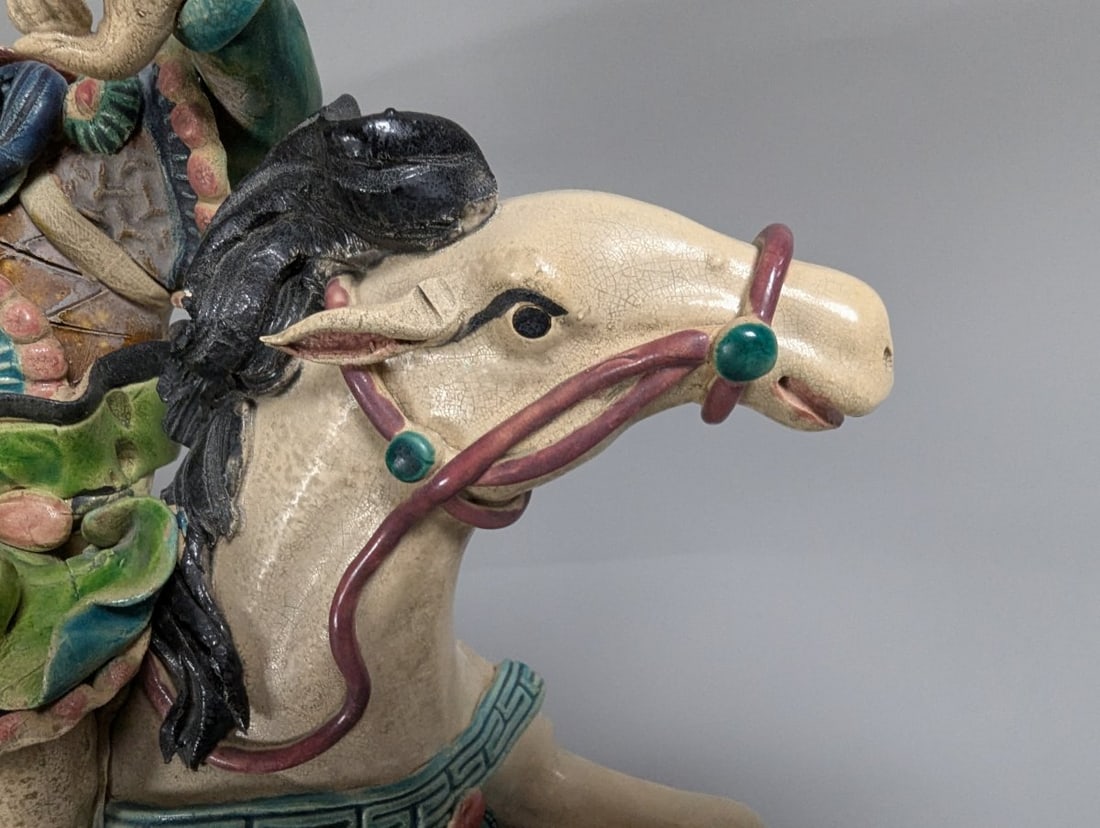 Chinese Sancai-Style Glazed Ceramic Warrior on Horseback Figurine Sculpture - 3