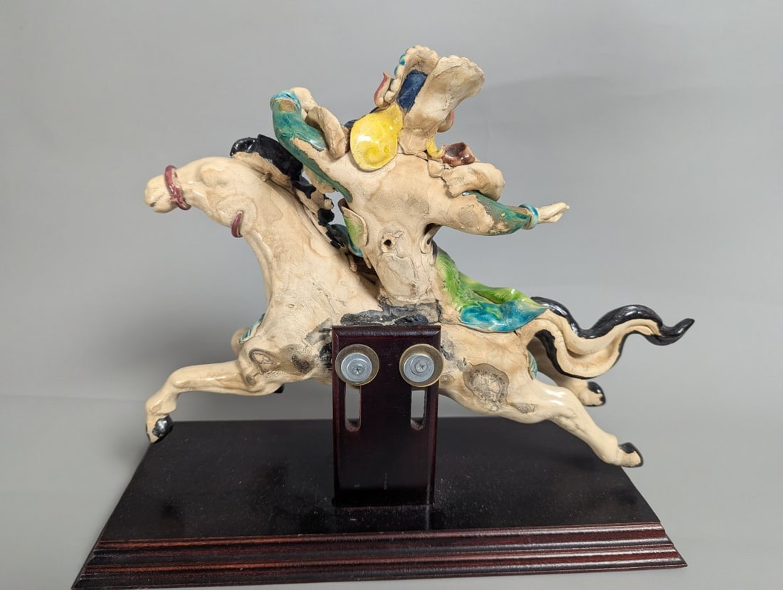 Chinese Sancai-Style Glazed Ceramic Warrior on Horseback Figurine Sculpture - 6