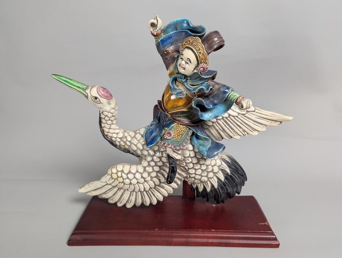Chinese Shiwan Sancai-Style Glazed Ceramic Figurine of Immortal on Crane (1 of 8)