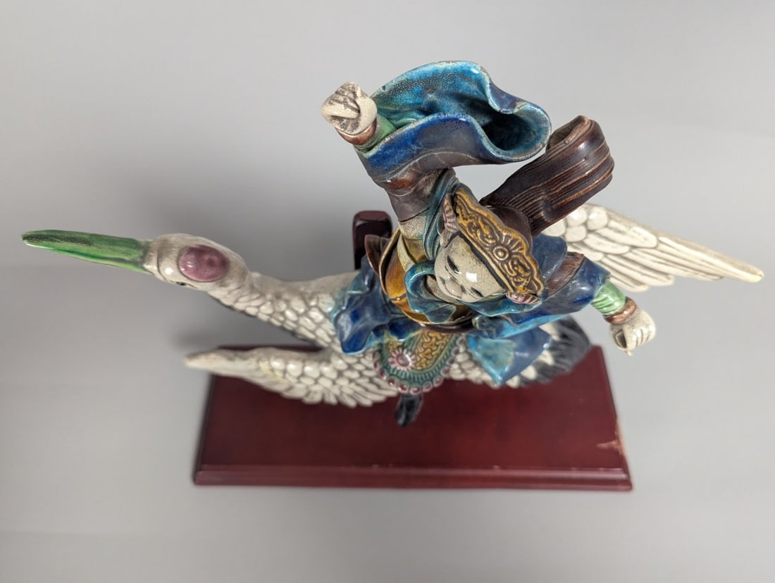 Chinese Shiwan Sancai-Style Glazed Ceramic Figurine of Immortal on Crane - 4
