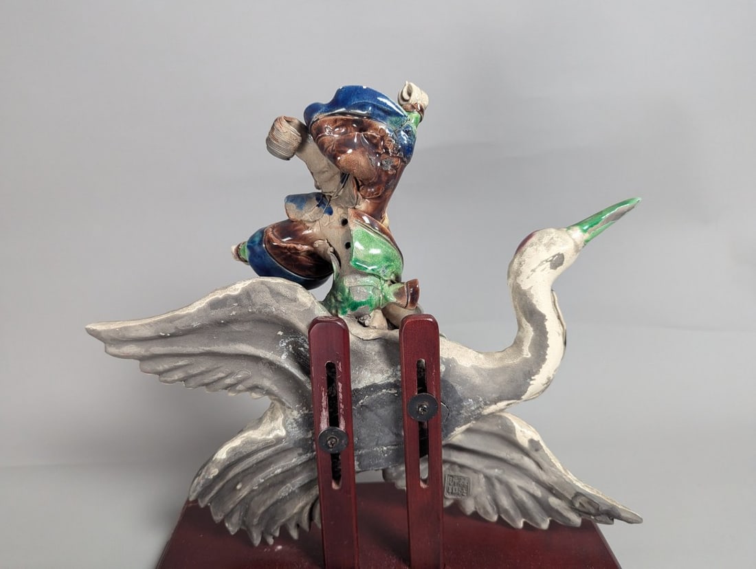 Chinese Shiwan Sancai-Style Glazed Ceramic Figurine of Immortal on Crane - 6