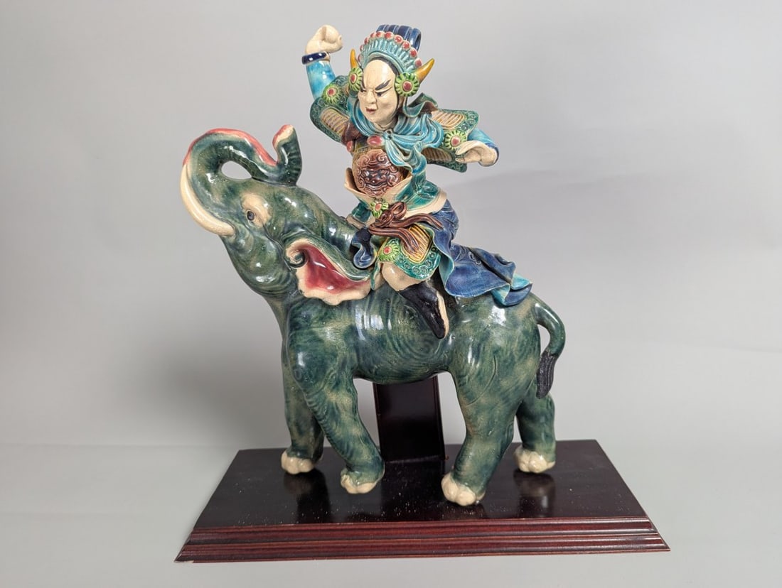Chinese Sancai-Style Glazed Earthenware Roof Tile Figure Warrior on Elephant (1 of 7)