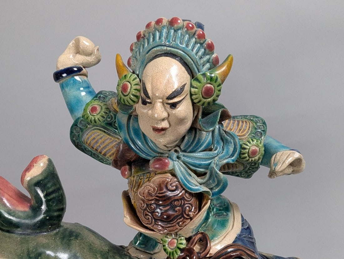 Chinese Sancai-Style Glazed Earthenware Roof Tile Figure Warrior on Elephant - 2