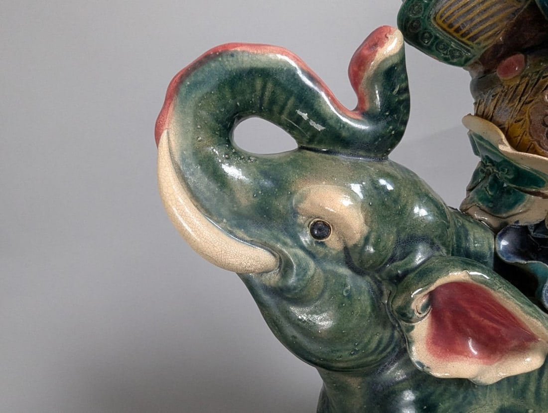 Chinese Sancai-Style Glazed Earthenware Roof Tile Figure Warrior on Elephant - 3