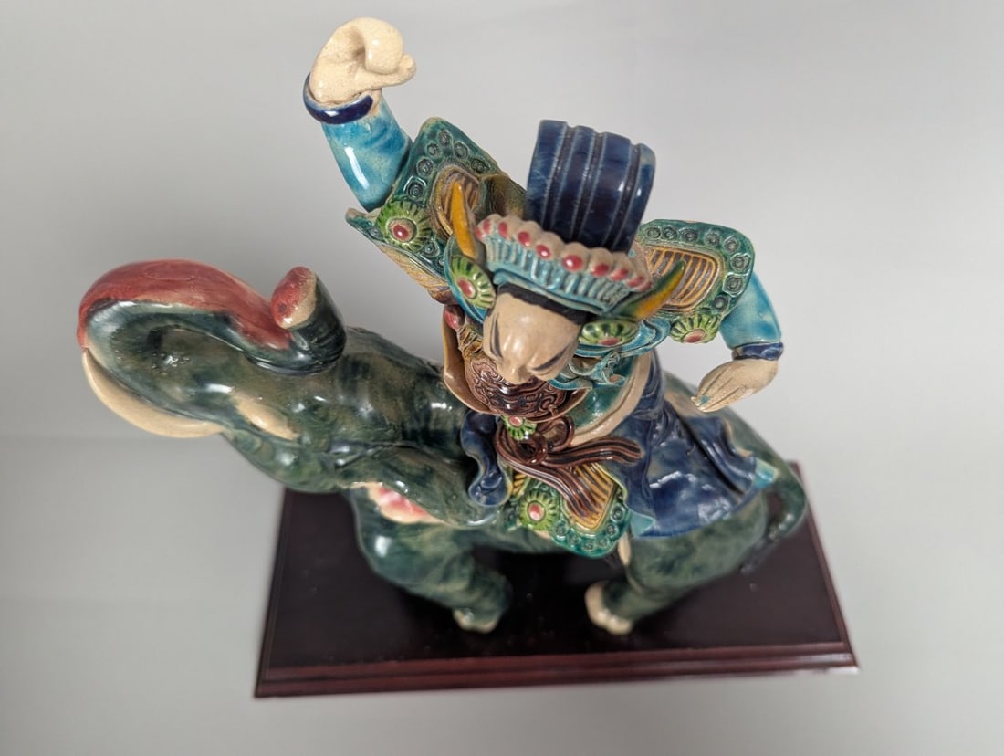 Chinese Sancai-Style Glazed Earthenware Roof Tile Figure Warrior on Elephant - 4
