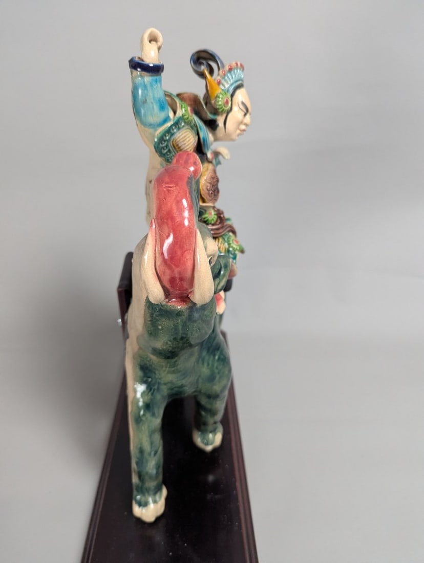 Chinese Sancai-Style Glazed Earthenware Roof Tile Figure Warrior on Elephant - 5