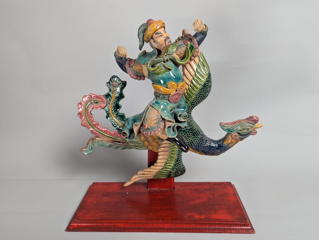 Chinese Sancai-Style Glazed Earthenware Roof Tile Figure Warrior Riding Fenghuang (1 of 8)