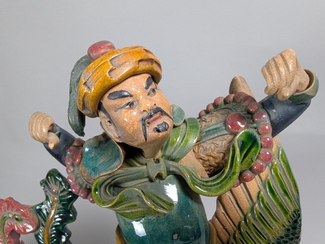 Chinese Sancai-Style Glazed Earthenware Roof Tile Figure Warrior Riding Fenghuang - 2