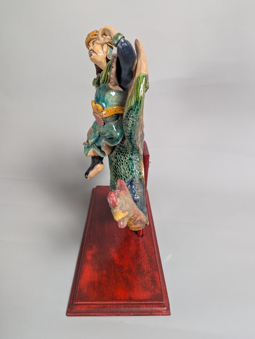 Chinese Sancai-Style Glazed Earthenware Roof Tile Figure Warrior Riding Fenghuang - 5