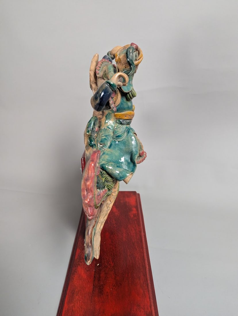 Chinese Sancai-Style Glazed Earthenware Roof Tile Figure Warrior Riding Fenghuang - 8