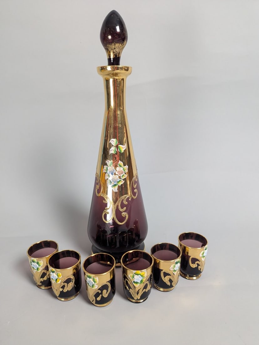 Italian Amethyst Glass Decanter Set with 6 Elegant Cordial Glasses - Mid-Century Style: **Important** Please read below description on how to avoid high shipping costs. This stunning Italian Amethyst Glass Decanter Set is a striking addition to any collection! Standing at 14 high with a