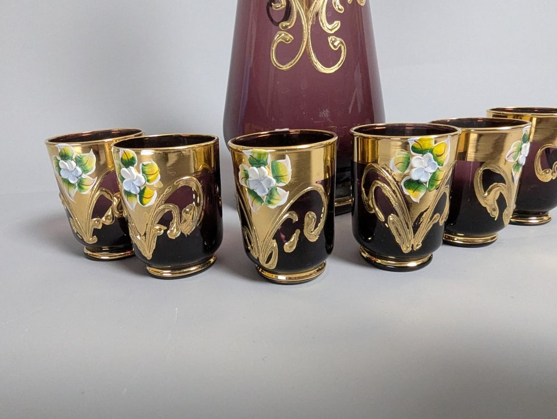 Italian Amethyst Glass Decanter Set with 6 Elegant Cordial Glasses - Mid-Century Style - 4