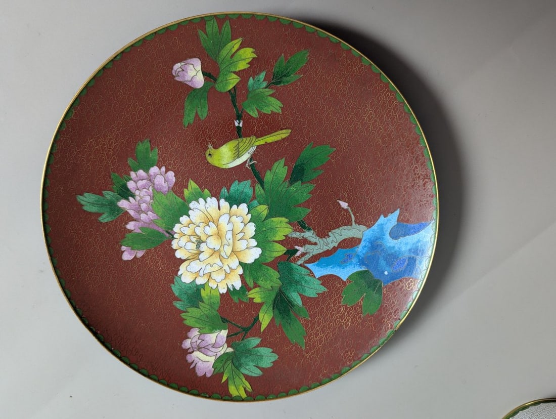 Jingfa Chinese CloisonnÃ© Plate Bird Peony Motif 10 Inch Decorative Plate (1 of 10)