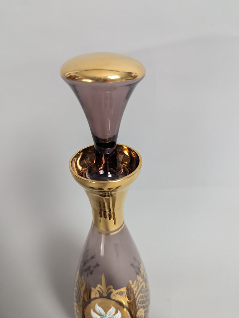 Italian Venetian-Style Amethyst Glass Liqueur Set with Gold Gilt and Enamel Flowers - 2