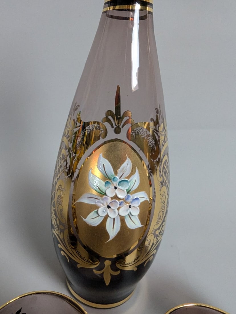 Italian Venetian-Style Amethyst Glass Liqueur Set with Gold Gilt and Enamel Flowers - 3