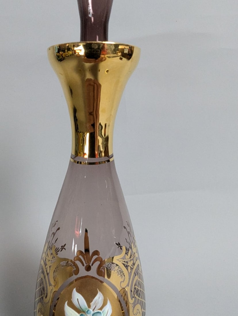 Italian Venetian-Style Amethyst Glass Liqueur Set with Gold Gilt and Enamel Flowers - 4