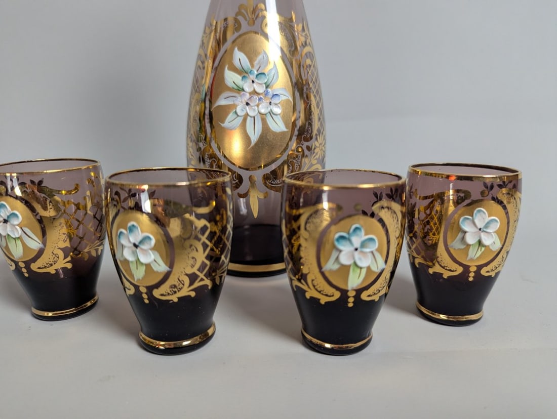 Italian Venetian-Style Amethyst Glass Liqueur Set with Gold Gilt and Enamel Flowers - 5