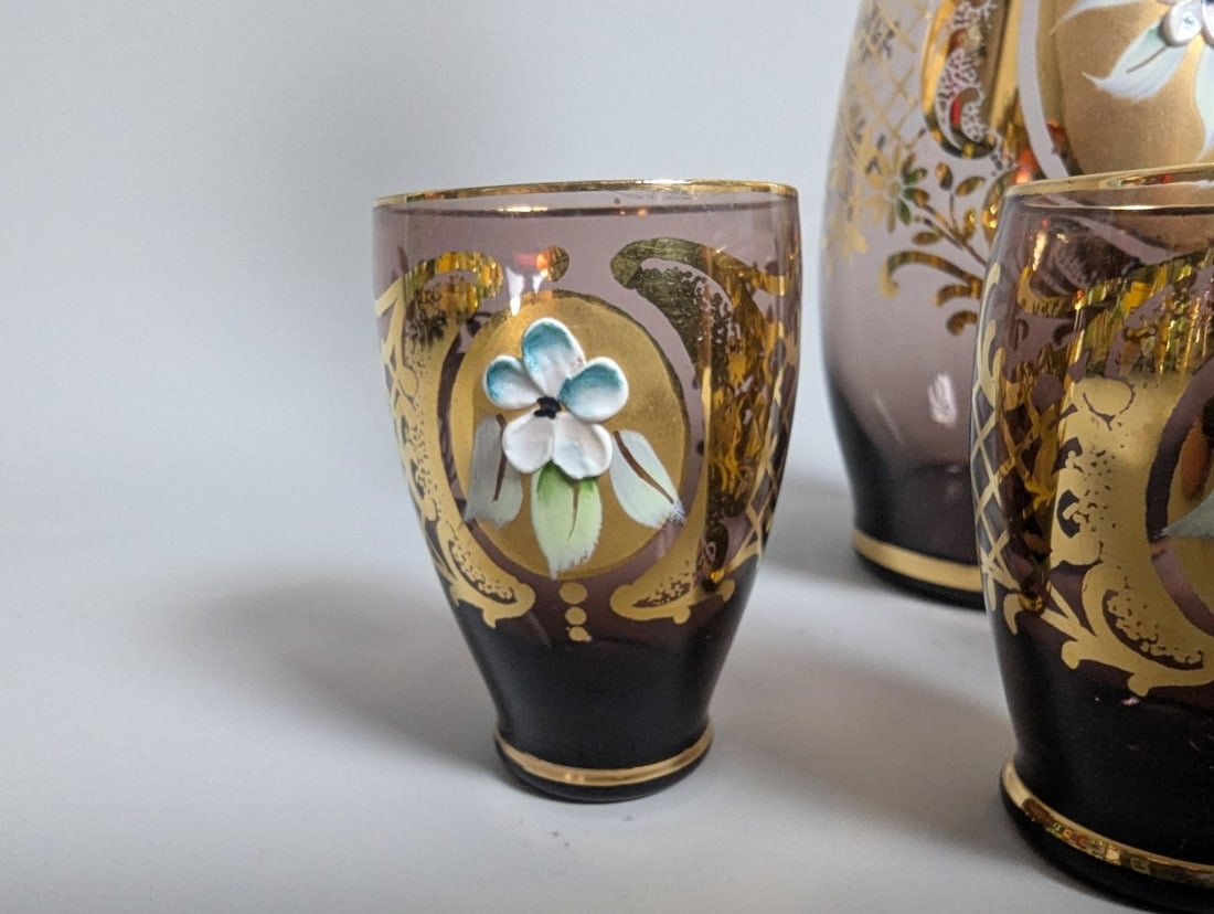 Italian Venetian-Style Amethyst Glass Liqueur Set with Gold Gilt and Enamel Flowers - 6