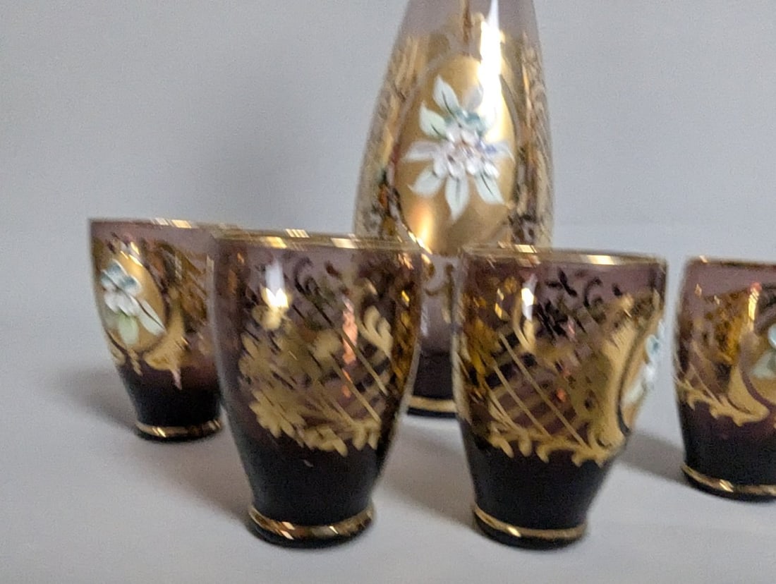 Italian Venetian-Style Amethyst Glass Liqueur Set with Gold Gilt and Enamel Flowers - 7