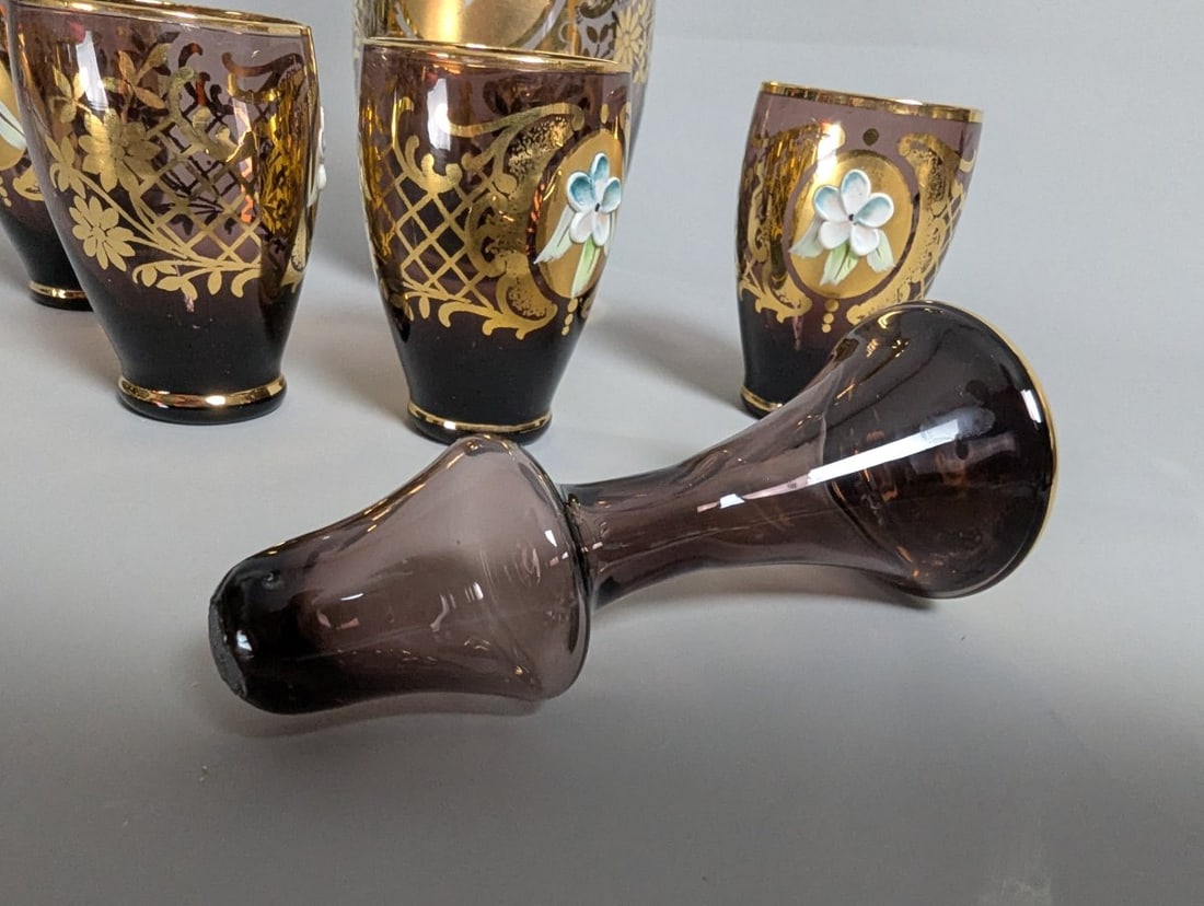 Italian Venetian-Style Amethyst Glass Liqueur Set with Gold Gilt and Enamel Flowers - 8