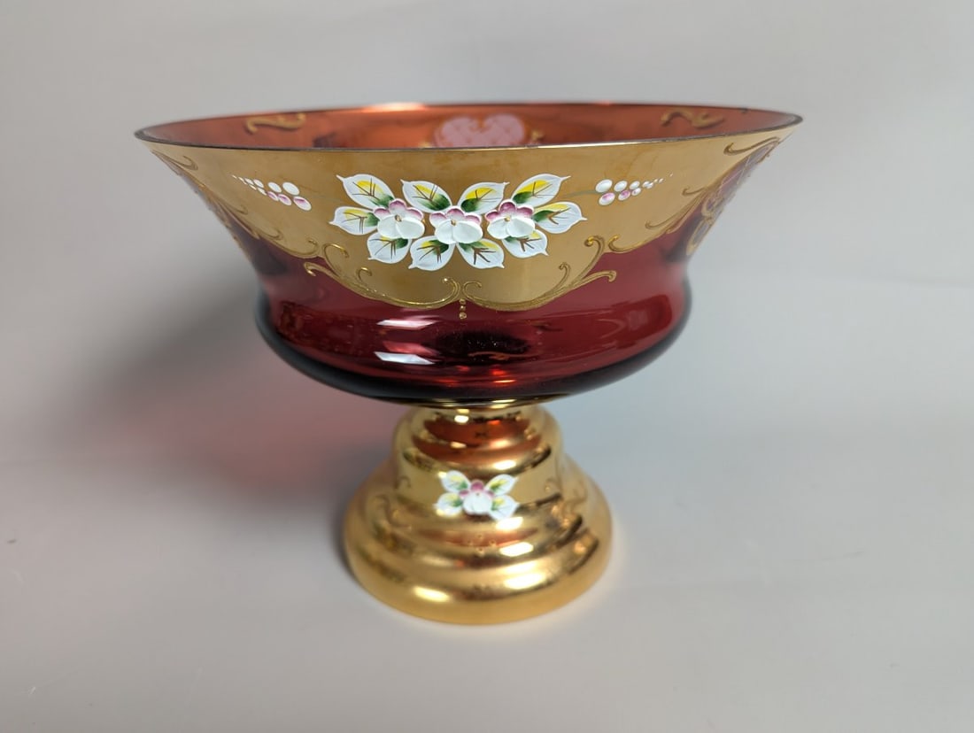Vintage Bohemian Egermann-Exbor Pedestal Bowl Ruby Red Glass Gold Gilded Hand Painted Flowers (1 of 7)