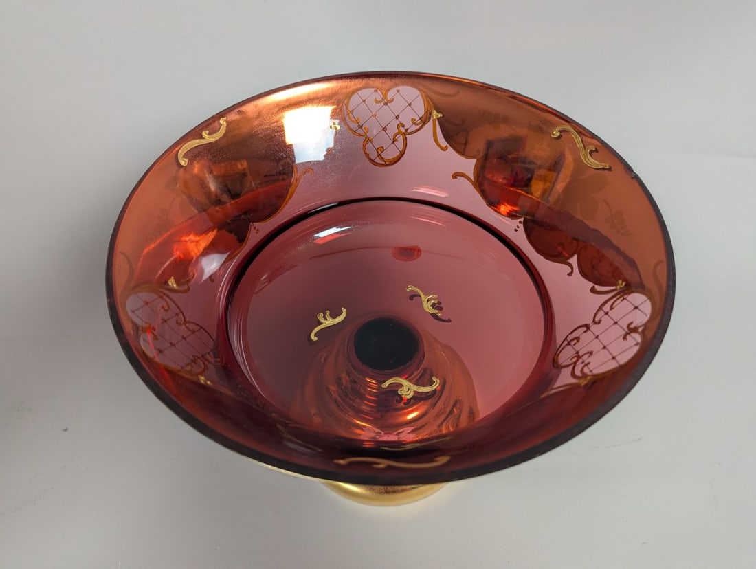 Vintage Bohemian Egermann-Exbor Pedestal Bowl Ruby Red Glass Gold Gilded Hand Painted Flowers - 2