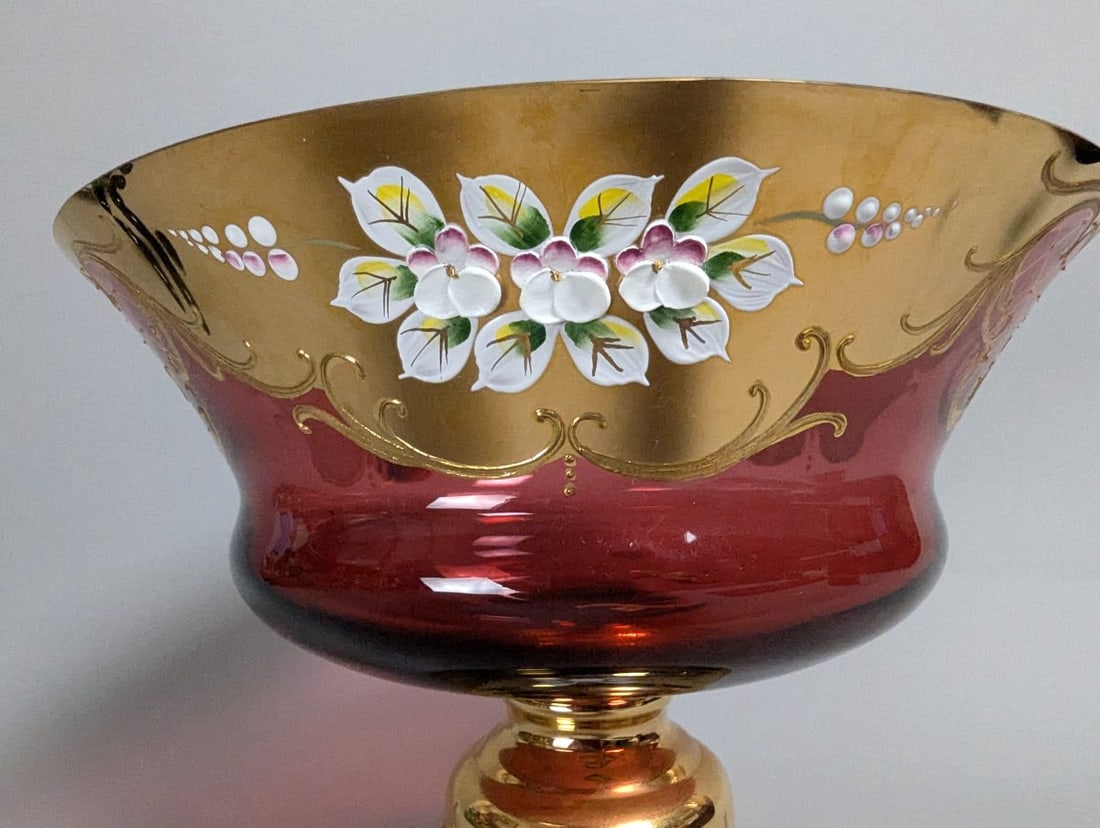 Vintage Bohemian Egermann-Exbor Pedestal Bowl Ruby Red Glass Gold Gilded Hand Painted Flowers - 3